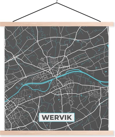 Posterhanger incl. Poster 40x40 cm - Schoolplaat - Plattegrond – Wervik – Blauw – Stadskaart - Kaart - Textielposter - Blanke latten - Stadskaart