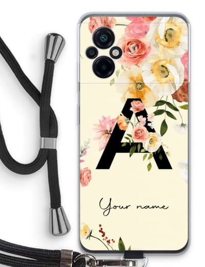 Gepersonaliseerd - Case Company® - Hoesje met koord geschikt voor Xiaomi Poco M5 hoesje met Koord - Flirty Flowers Monogram - Telefoonhoesje met Zwart Koord - Bescherming aan alle Kanten en Over de Schermrand