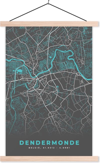Posterhanger incl. Poster 40x60 cm - Schoolplaat - Stadskaart – Grijs - Kaart – Dendermonde – België – Plattegrond - Textielposter - Blanke latten - Stadskaart