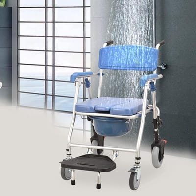 Opvouwbare Toiletstoel - Douchestoel Rolstoel - Veilig Douchen Zitten - Vergrendelbare Pedaalwielen - Max 120kg - Blauw