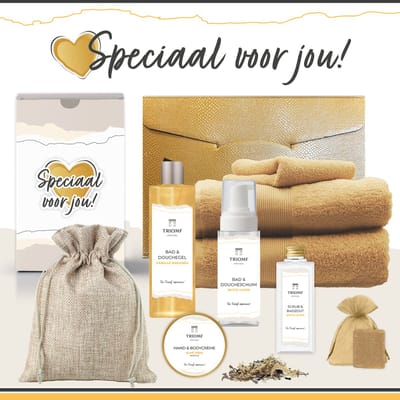 Geschenkset “Speciaal voor jou!” - 9 producten - 1940 gram - Triomf Cosmetica | Giftset voor haar Cadeau Valentijnsdag Luxe wellness cadeaubox Vrouw Ik hou van jou Cadeaupakket Kerst Geschenk Pakket Verjaardag Gift Set Vriendin Geel