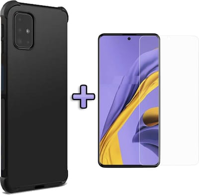 HB Hoesje Geschikt voor Samsung Galaxy A51 - Anti Shock Hybrid Back Cover + Tempered Glazen Screenprotector - Zwart