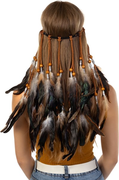 KIMU® Hoofdband Veren Zwart Wit Bruin - Ibiza Hippie Indiaan Haarband - Veertjes Kraaltjes Vlecht Leer Haar Bohemian Boho Chic Coachella Festival