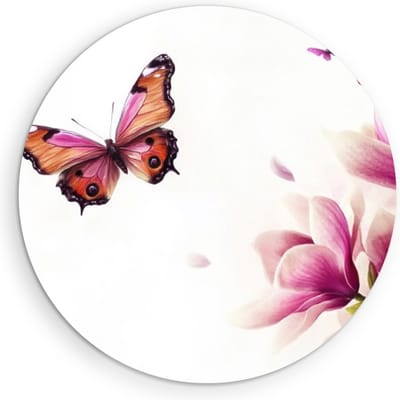Saammp Muurcirkel Hout - vlinders bij roze bloemen - Natuur - Ø 90 - Wandcirkel - Wanddecoratie Cirkel - Muurdecoratie Woonkamer - Slaapkamer decoratie - Rond Schilderij