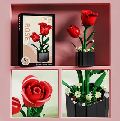 Bouwbloem 3D Decoratie – Creatieve Roos met vaas van Bouwstenen – Uniek Cadeau voor Kinderen & Volwassenen