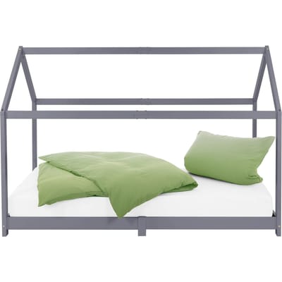 Kinderbed huisbed 90x200 cm lichtgrijs gemaakt van grenenhout incl. matras H-10cm houten bed met dak en lattenbodem ML design