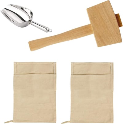 Set van 2 herbruikbare canvas ijszakken met houten hamer en ijsschep voor het verpletteren van ijs