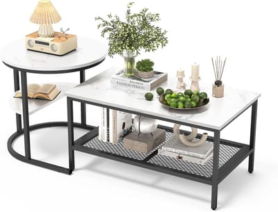 Set van 2 Ronde Salontafels met Kunstmarmeren Blad en Zwart Metalen Frame