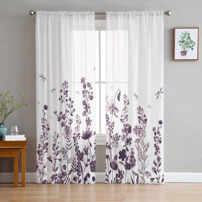 Bloem Blad Libelle Slaapkamer Transparante Vitrage Gordijnen Vakantie Decoratie Raam Voile Tule Gordijn 135W x 114H(cm) white