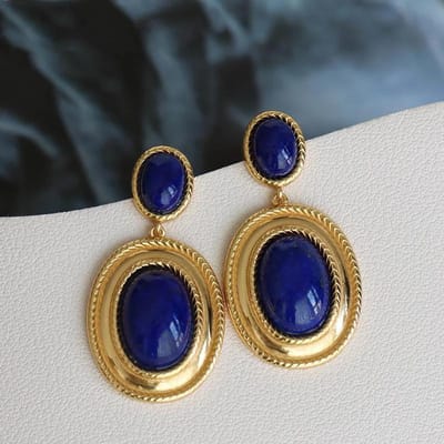 Nieuw ontwerp ingelegd lapis lazuli ovaal holle oorbellen overdreven punkstijl retro antiek goud vakmanschap dames sieraden gray