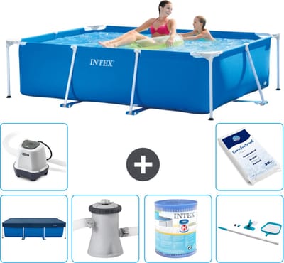 Intex Rechthoekig Frame Zwembad - 220 x 150 x 60 cm - Blauw - Inclusief Afdekzeil - Zwembadfilterpomp - Filter - Schoonmaakset - Zoutwatersysteem - Zwembadzout - 7-delig