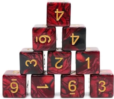 10D6 | Dobbelstenen - Set Van 10 Stuks - Rood Zwart en Goud | Voor D&D en Andere Rollenspellen | Plastic Dobbelstenen Set voor Dungeons and Dragons | RPG | Zwarte Velvet Dice Bag voor Ongeveer 3 Sets