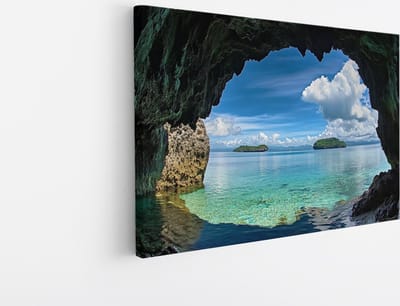 Saammp Canvas Schilderij - Eilanden - Uitzicht vanuit een grot - Natuur - Landschap - 45x30 - Foto op canvas - Wanddecoratie - Muurdecoratie Woonkamer - Slaapkamer decoratie - Canvas Print