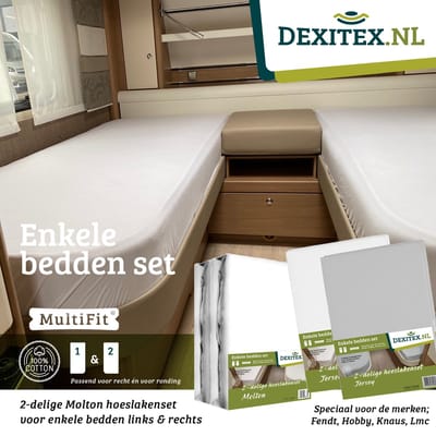 Dexitex 1 x Molton + 2 x Hoeslakenset (wit + Lichtgrijs) enkele bedden 2 delig geschikt voor Caravan Fendt-Hobby-Knaus-LMC-Tabbert-Weinsberg-Dethleffs-Bürnster