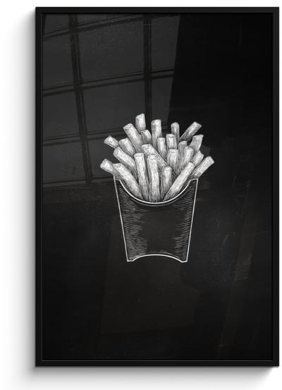 Poster in lijst - Fotolijst 80x120 cm - Posters - Friet - Witte krijttekening - Zwart - Posterlijst zwart - Decoratie - Wanddecoratie woonkamer - Muurdecoratie slaapkamer