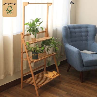 Plantenrek met 3 etages + Stang voor Hangplanten - Bamboe hout staand binnen Plantentrap - Bloemenrek - Plantenetagere