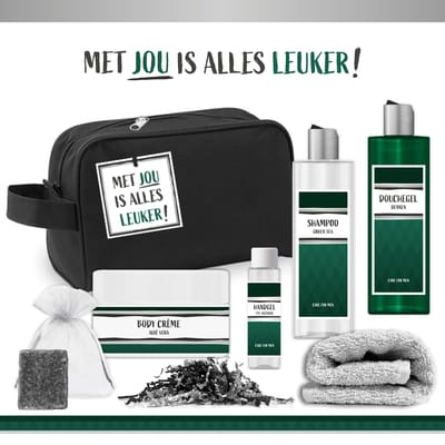 Geschenkset "Met jou js alles leuker!" - 7 Producten - 830 Gram - Triomf Cosmetica | Toilettas zwart Giftset voor hem Luxe Cadeau man Cadeautje Vaderdag Verjaardag Set Wellness Pakket Cadeaupakket Vader Opa Broer Vriend Collega Groen Toilettas