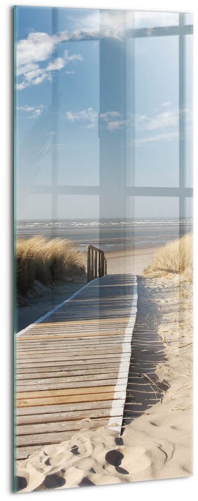 Wallfluent Glasschilderij - Uitzicht op het strand en de zee Schilderij Glas - 50x125 cm - Veelkleurig Verticale Muurschildering - Landschap Glas Foto - Glas Schilderij - Foto Glas