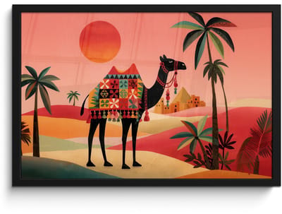 Poster in lijst - Fotolijst 60x40 cm - Posters - Kameel - Gekleurd tapijt - Duinen - Rode zon - Posterlijst zwart - Decoratie - Wanddecoratie woonkamer - Muurdecoratie slaapkamer