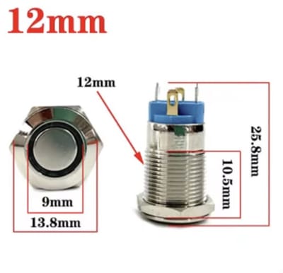 2 stuks 12mm Metalen Drukknop Schakelaar - 12V LED Verlichting - Waterdicht - Voor Auto & Motor