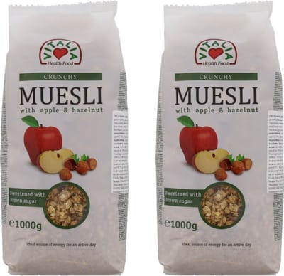 Crunchy Muesli Met Appel en Hazelnoot Merk Vitalia Ontbijtgranen 1 Kilo |  2x Zakken