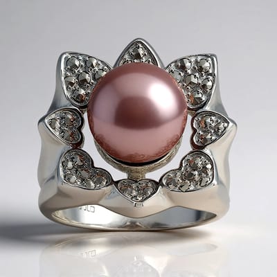Cavill - Zilveren ring met roze Ming parel 10mm en 0,38ct marcasiet - 925 sterling zilver - elegante damesring met bloemmotief - handgemaakt
