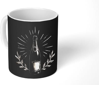 Mok - Koffiemok - Champagnefles - Lauriertakken - Zwarte achtergrond - Mokken - 350 ML - Beker - Koffiemokken - Theemok