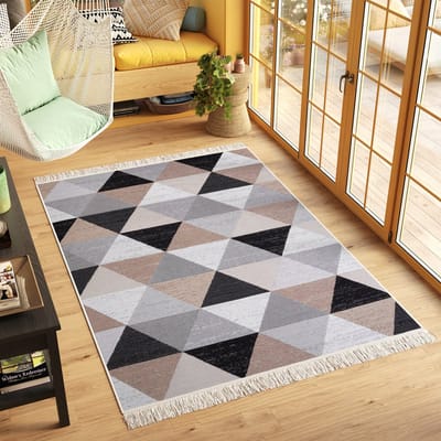 Tapiso Azteca Vloerkleed Grijs Zwart Franjes Katoenen Dubbelzijdig Tapijt Maat- 60x110
