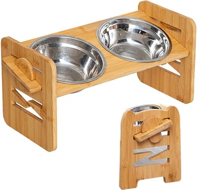 Verhoogde Hondenbak - Hondenvoer Station - Comfortabel Eten - Dubbele Kom - 40 x 195 cm - Houtkleur