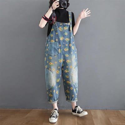 Dames denim overalls, jumpsuits met zonnebloemprint, losse wijde broeken, oversized baggy damesbroeken, retro broeken XXL gray