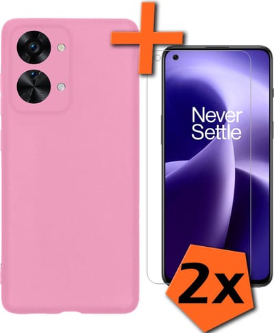 Hoes - Met 2x Screenprotector - Geschikt voor OnePlus Nord 2T - Sterk & Shockproof - Back Cover - Siliconen Case - Telefoon Hoes - Lichtroze
