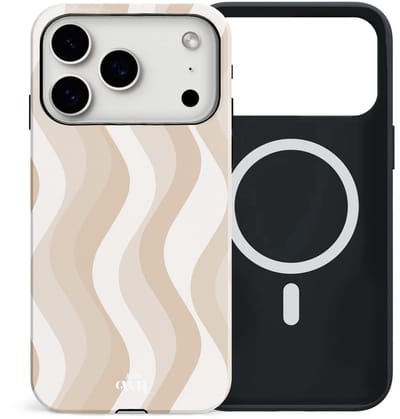 xoxo Wildhearts siliconen hoesje geschikt voor iPhone 17 Pro MagSafe hoesje - Minimal Nude - Double Layer - Magnetisch telefoonhoesje - Magneet case - Backcover met dubbele beschermlaag - Golvenprint - Golvend patroon - Beige / Creme / Wit