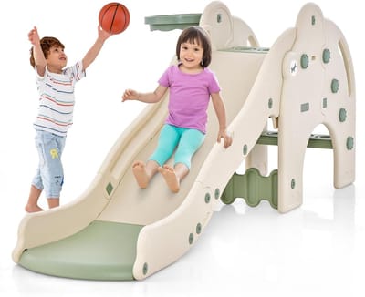 Kinderglijbaan 4-in-1 - Speelgoed glijbaan - Binnen en buiten - Met tunnel en basket - 187x75x77cm - Groen