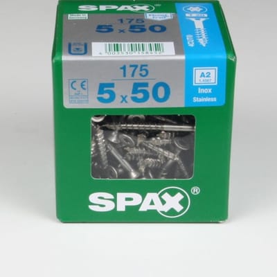 Spax RVS A2 Spaanplaatschroeven. 5.0 x 50mm. lang. 175 stuks houtschroeven. platkop Tork T20.