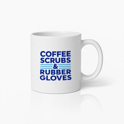 Koffie, Schorten & Rubber Handschoenen Mok 330ml – Grappige Mok voor Verpleegkundigen en Artsen – Perfect Cadeau voor Zorgmedewerkers