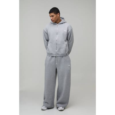 Oversized Boxy Heren Sport Trainingspak met Capuchon en Rits en Wijde Pijpen | Grey Marl | Size XS