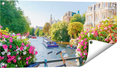 Gards Tuinposter Amsterdamse Kanaal met Bloemen - 80x40 cm - Tuindoek - Tuindecoratie - Wanddecoratie buiten - Tuinschilderij