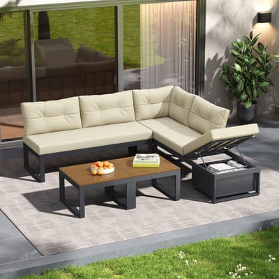 MODENUIT Loungeset 191,5 x 191,5 cm - 3-Standen Rugleuning en Opbergruimte - Tuin en Balkon - Polyester - Beige