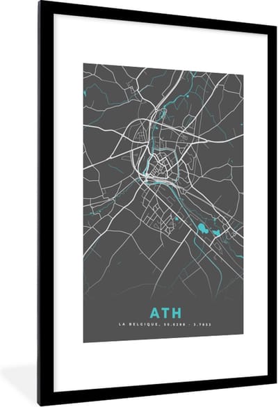Fotolijst incl. Poster - Stadskaart – Grijs - Kaart – Ath – België – Plattegrond - 60x90 cm - Posterlijst