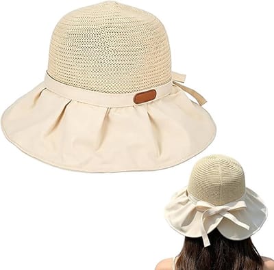 VHV - Strohoed - Dames bucket hat met brede rand en strik - Opvouwbaar voor strand, tuin en reizen - Beige