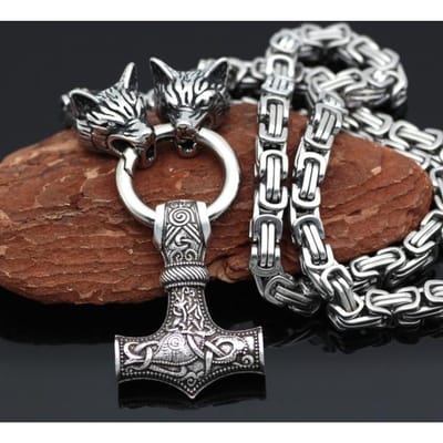 Modepersoonlijkheid Roestvrijstalen Wolfkop en Viking Thor's Hamer Hanger Ketting voor Heren Noordse Keltische Symbool Sieraden gray