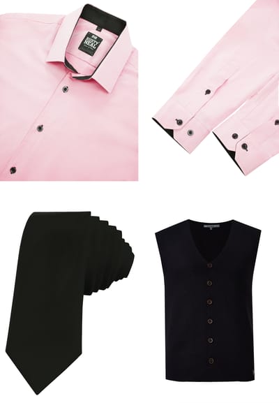 Driedelig pak met overhemd, vest en stropdas