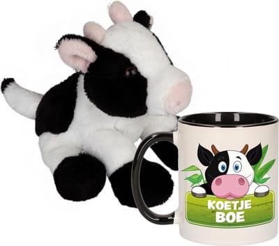 Koeien Cadeau set kind - Koeien knuffel 15 cm en drinkbeker 300ml