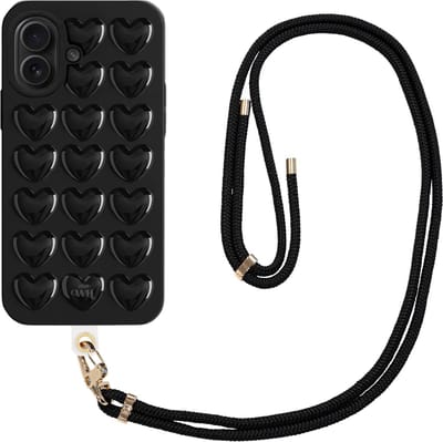 xoxo Wildhearts Heartbreaker Black Cord Case - Geschikt voor iPhone 16 - Heart case met telefoonkoord - Hoesje met 3D Hartjes patroon - Case met hart - Verstevigde backcover met afneembaar koord - Hartjes patroon - zwart