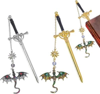 Unieke metalen boekenleggers met zwaard en draak, perfect cadeau voor boekenliefhebbers en verzamelaars
