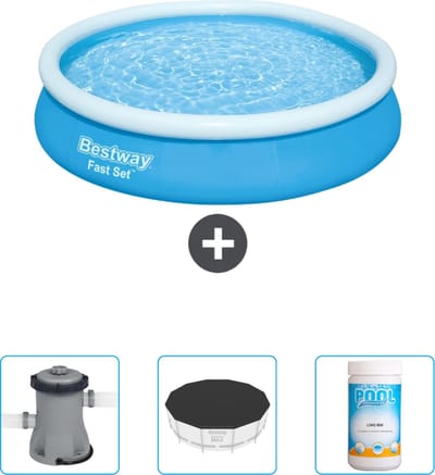 Bestway Rond Opblaasbaar Fast Set Zwembad - 366 x 76 cm - Blauw - Inclusief Pomp - Afdekzeil - Chloor