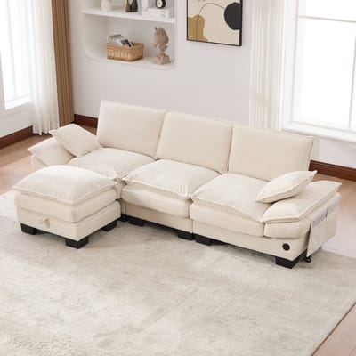 MODENUIT Hoekbank 260 x 132 cm - 3-Zits Met Hocker, USB-C En Zijvakken - Voor Woonkamer Of Kantoor - Cord Beige