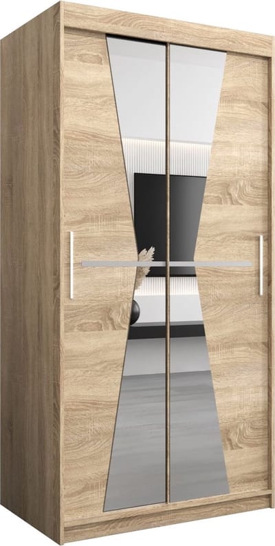 InspireMe - Kledingkast met 2 schuifdeuren, Modern-stijl, Een kledingkast met planken en een spiegel (BxHxD): 100x200x62 - TOTO 100 Sonoma Eik