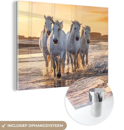 MuchoWow® Glasschilderij 160x120 cm - Schilderij acrylglas - Paarden - Water - Strand - Dieren - Foto op glas - Schilderijen
