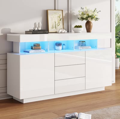 MEUNIQ dressoir 140 x 35 x 80 cm met 3 lades, 2 deuren en LED-verlichting, wit hoogglans sideboard met open vakken voor eetkamer, keuken of hal